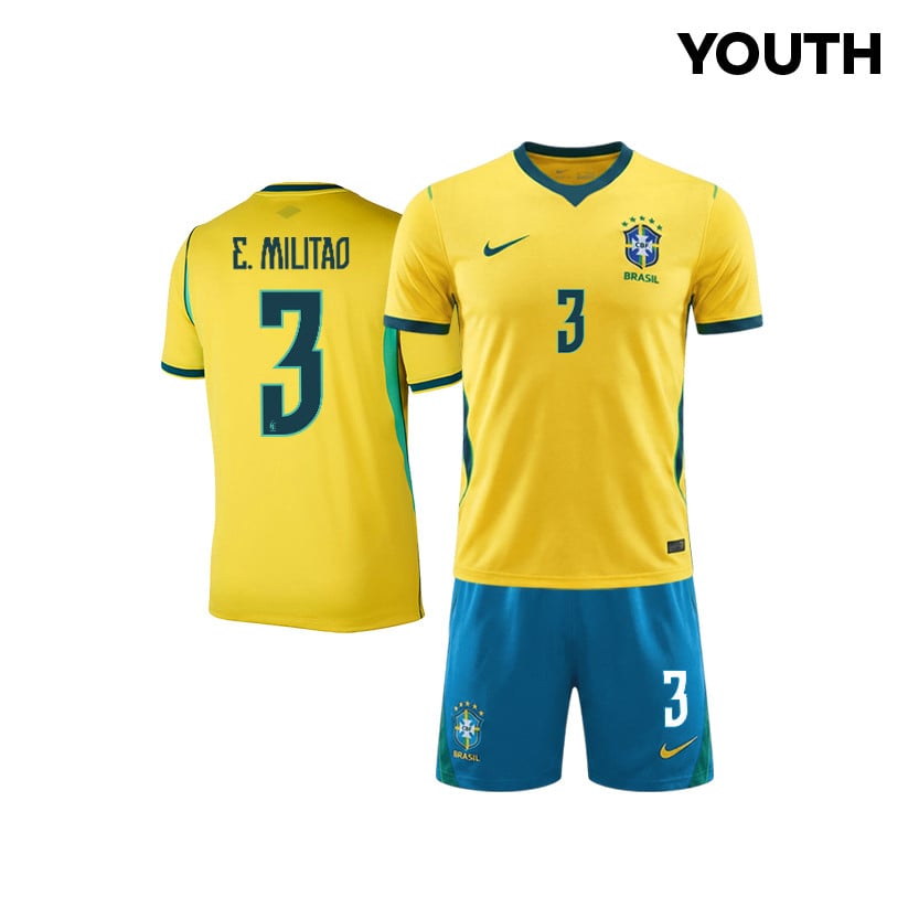 Éder Militão 3 Brazil 2026 YOUTH Home Jersey & Shorts Set - Yellow