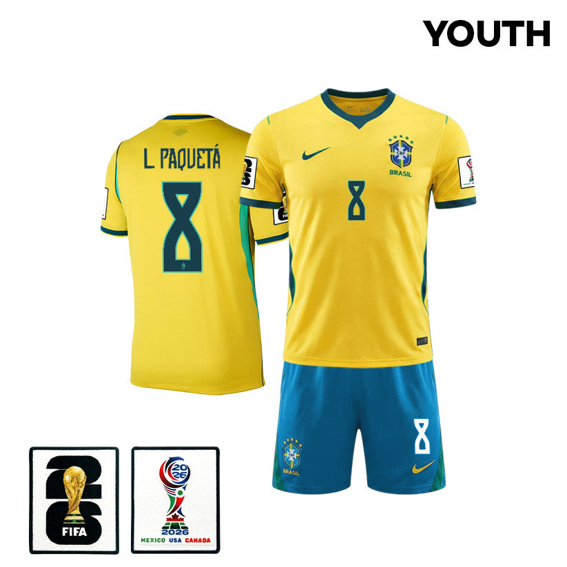Lucas Paquetá 8 Brazil 2026 YOUTH Home Jersey & Shorts Set - Yellow