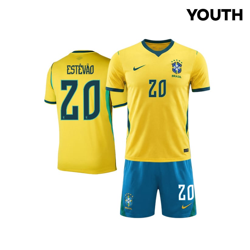 Estêvão 20 Brazil 2026 YOUTH Home Jersey & Shorts Set - Yellow