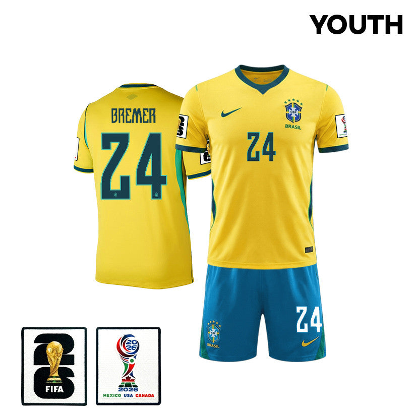 Gleison Bremer 24 Brazil 2026 YOUTH Home Jersey & Shorts Set - Yellow