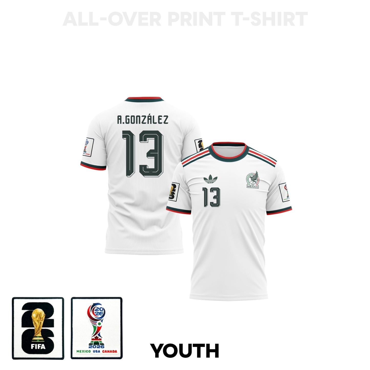 Armando González 13 Youth Mexico 2026 Away 3D T-shirt Fully Printed – White