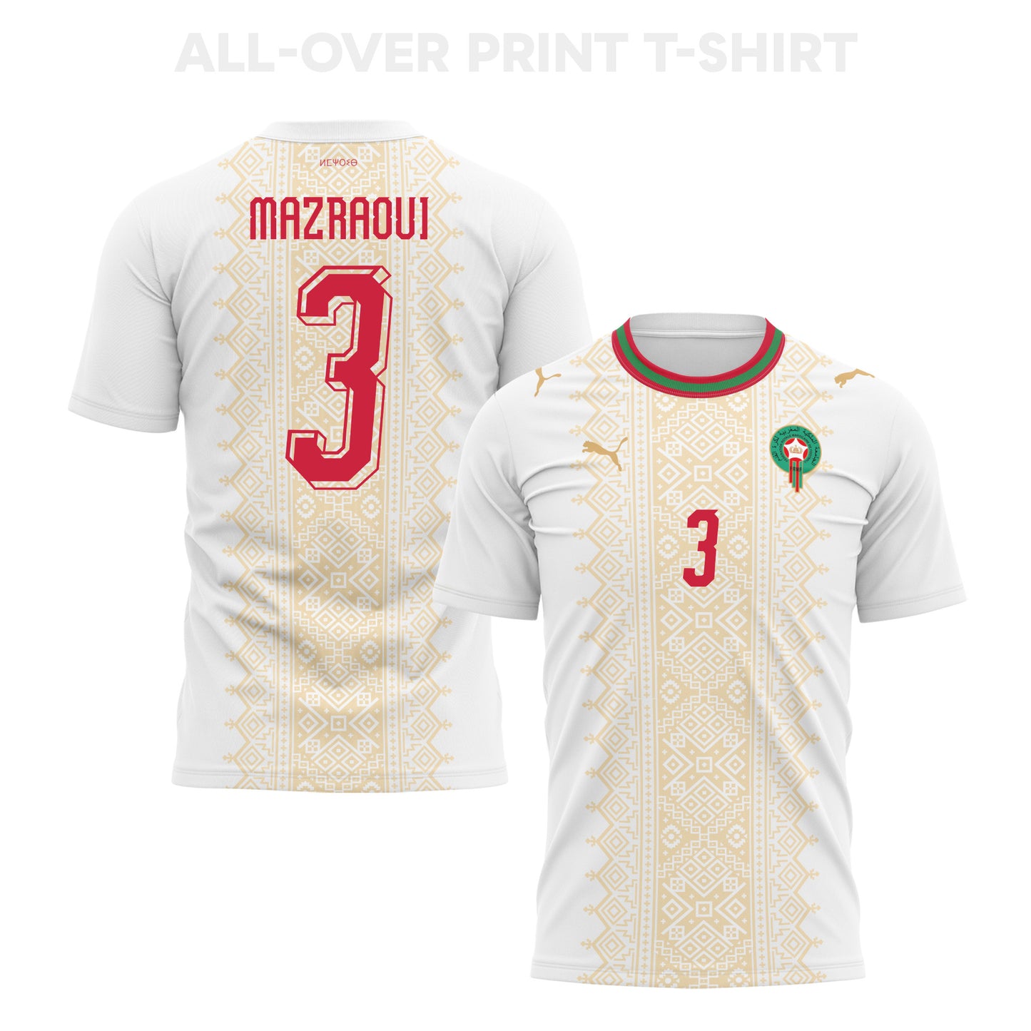 Noussair Mazraoui 3 Morocco 2026 Away 3D T-Shirt Fully Printed – Unisex, White
