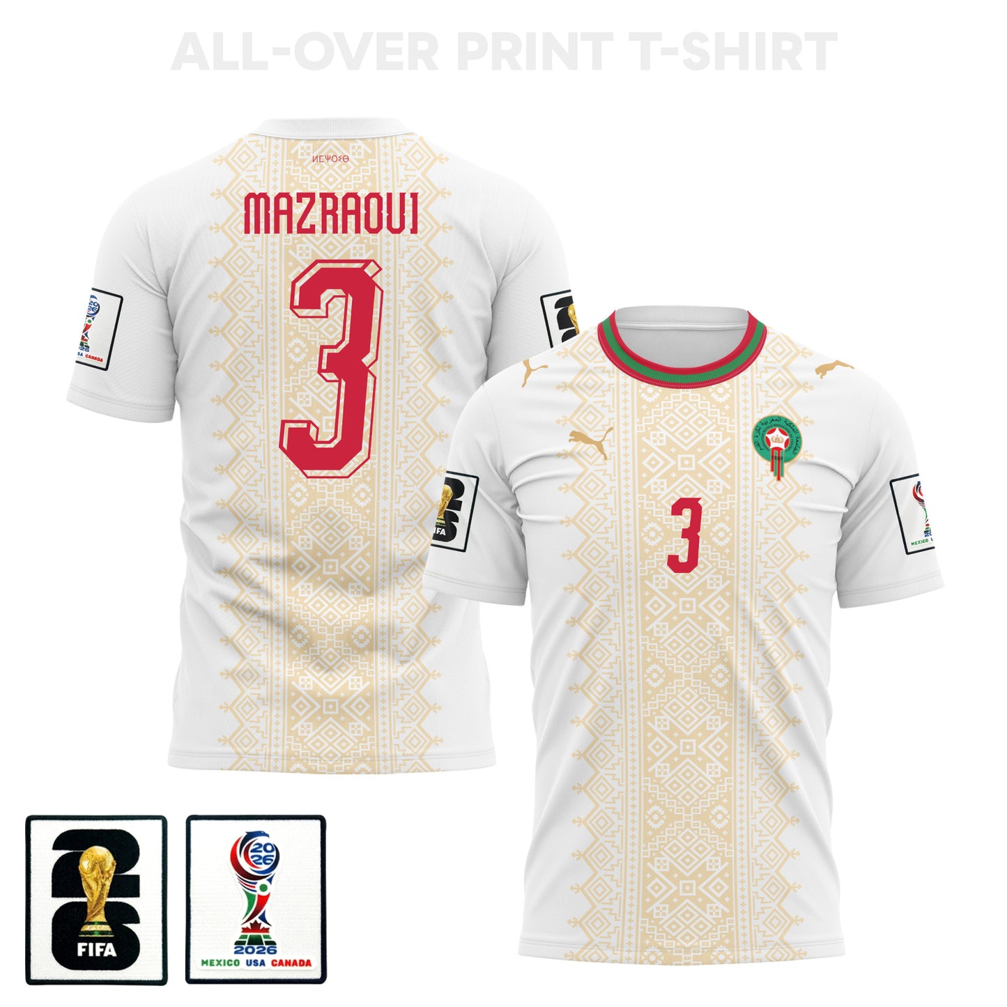 Noussair Mazraoui 3 Morocco 2026 Away 3D T-Shirt Fully Printed – Unisex, White