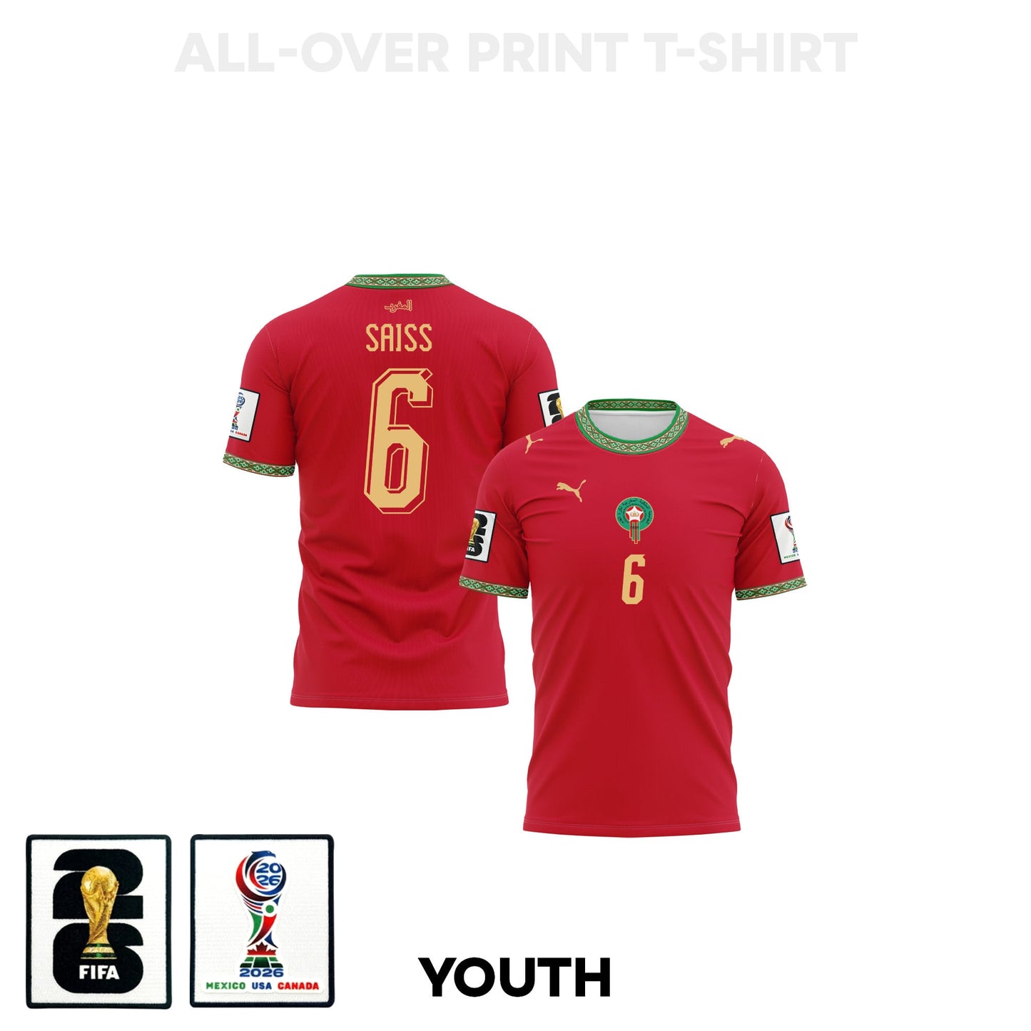 Romain Saïss 6 Youth Morocco 2026 Home 3D T-shirt Fully Printed – Red