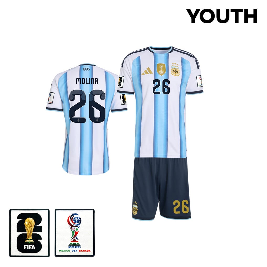 Nahuel Molina 26 Argentina 2026 Youth Home Jersey & Shorts Set - White