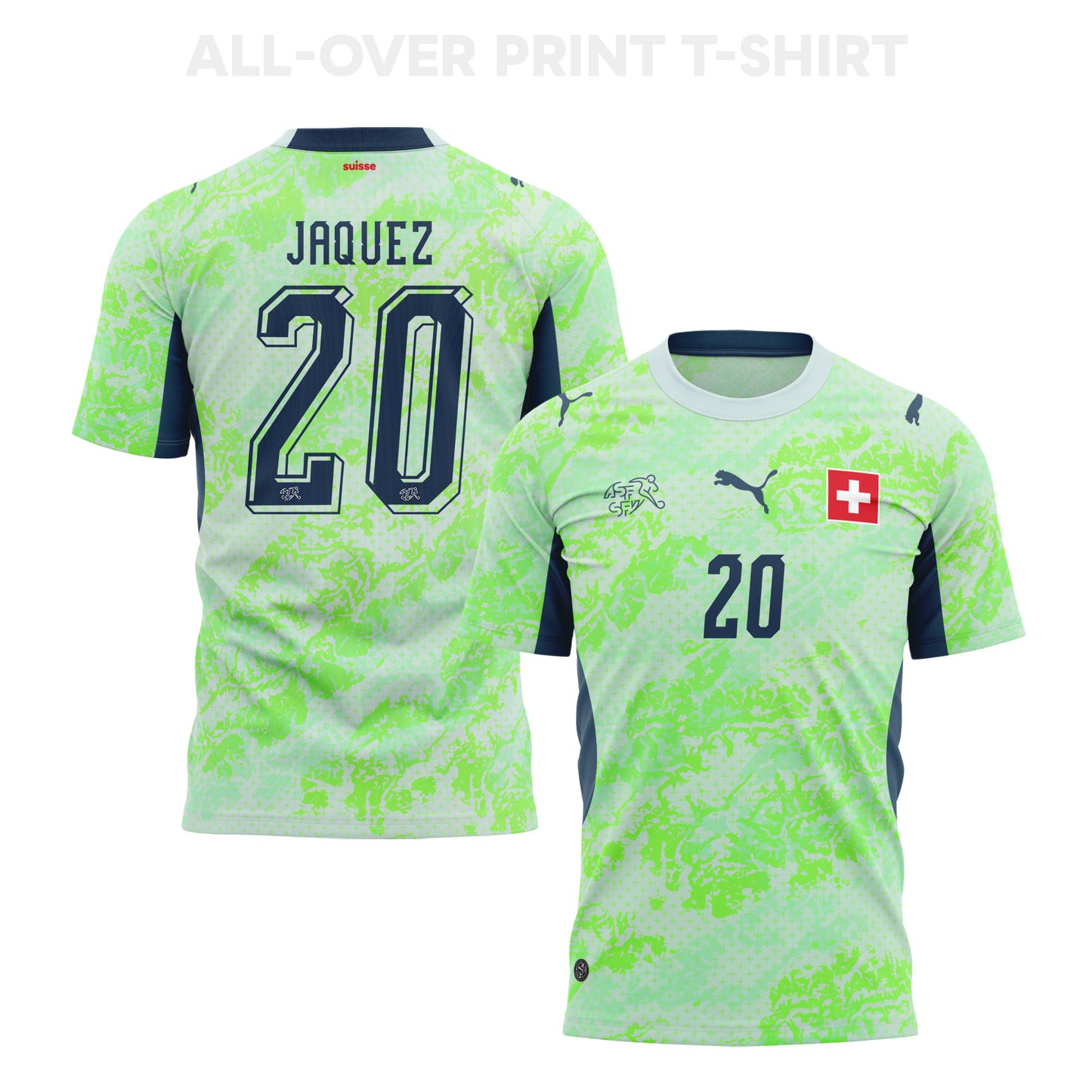 Luca Jaquez 20 Switzerland 2026 Away 3D T-Shirt Fully Printed – Unisex, Green