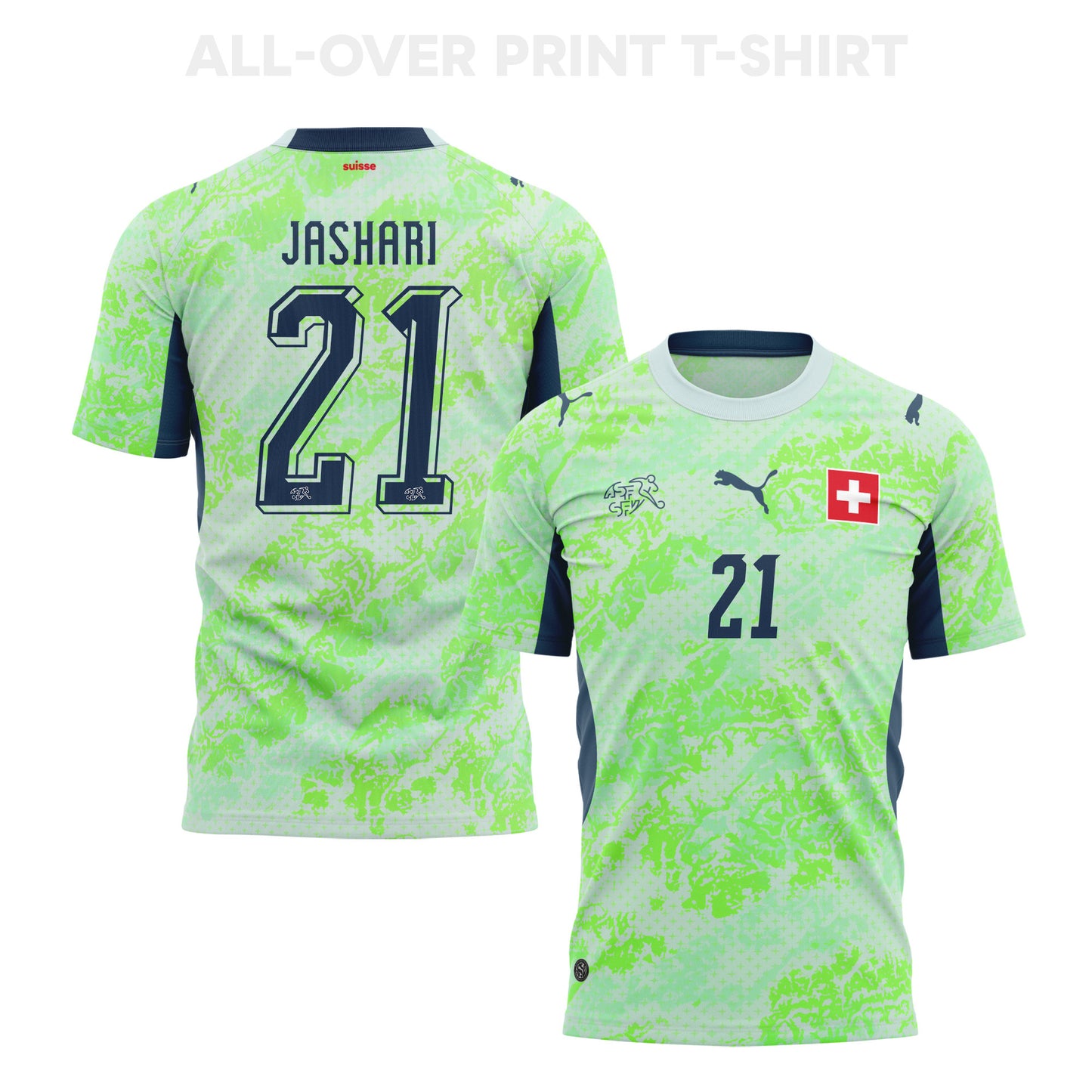 Ardon Jashari 21 Switzerland 2026 Away 3D T-Shirt Fully Printed – Unisex, Green