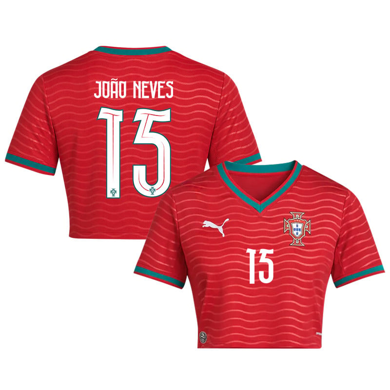 João Neves 15 Portugal 2026 Home Women's Cropped Jersey - Red