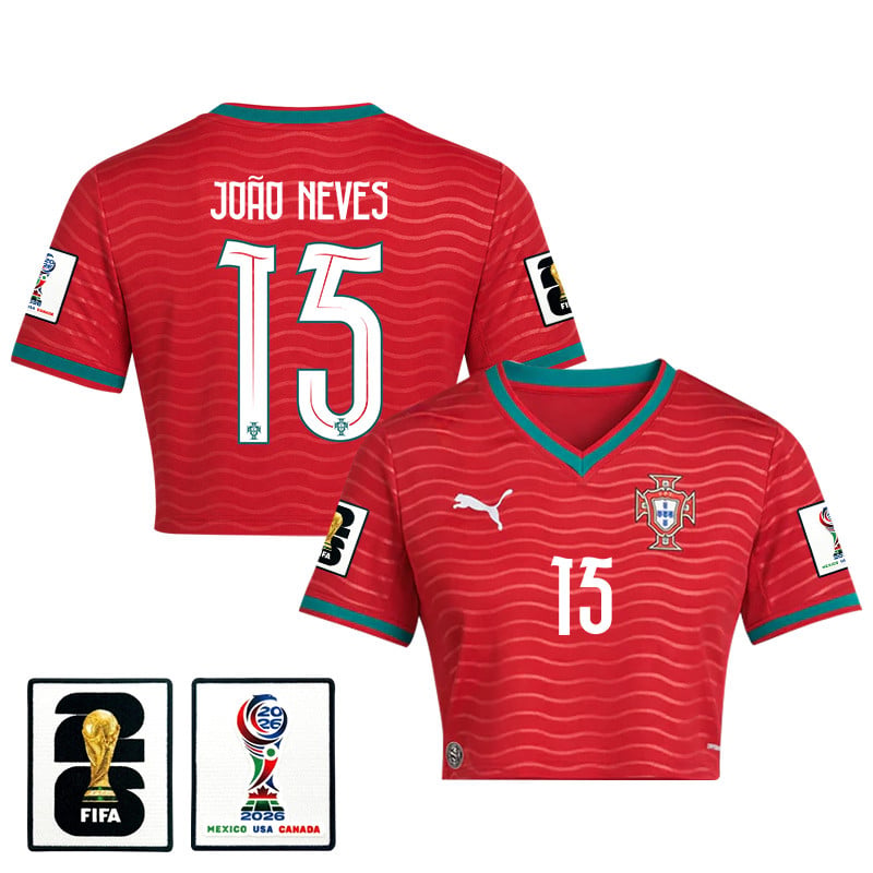 João Neves 15 Portugal 2026 Home Women's Cropped Jersey - Red