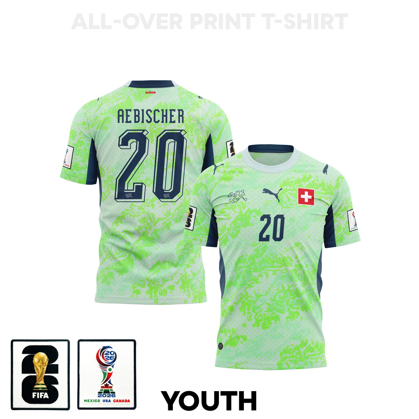 Michel Aebischer 20 Youth Switzerland 2026 Away 3D T-shirt Fully Printed – Green