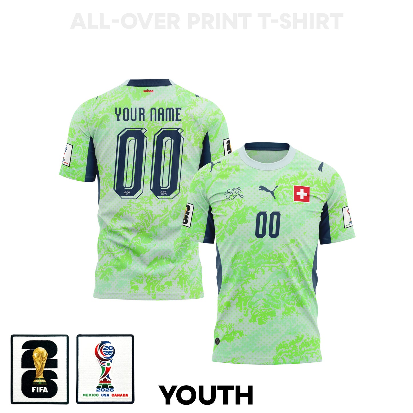 Switzerland 2026 Youth Away 3D T-shirt Fully Printed – Personalized – Green