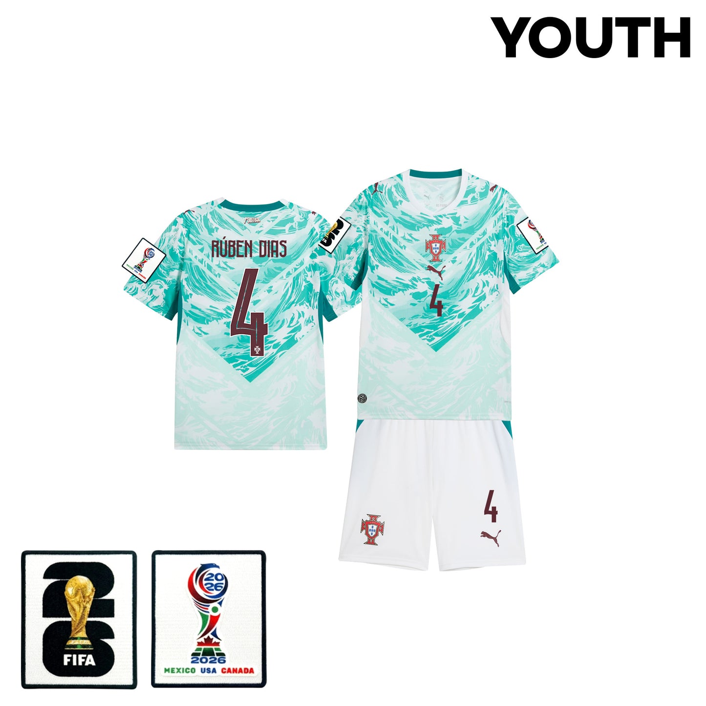 Rúben Dias 4 Portugal 2026 Youth Away Jersey & Shorts Set - White