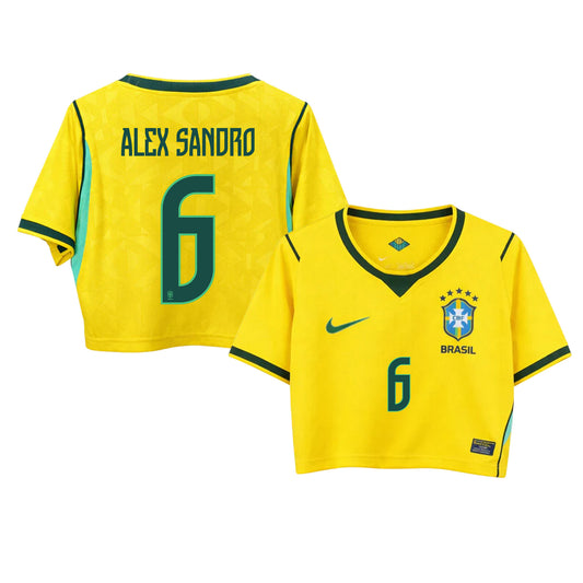 Alex Sandro 6 Brazil 2026 Home Women's Cropped Jersey - Yellow