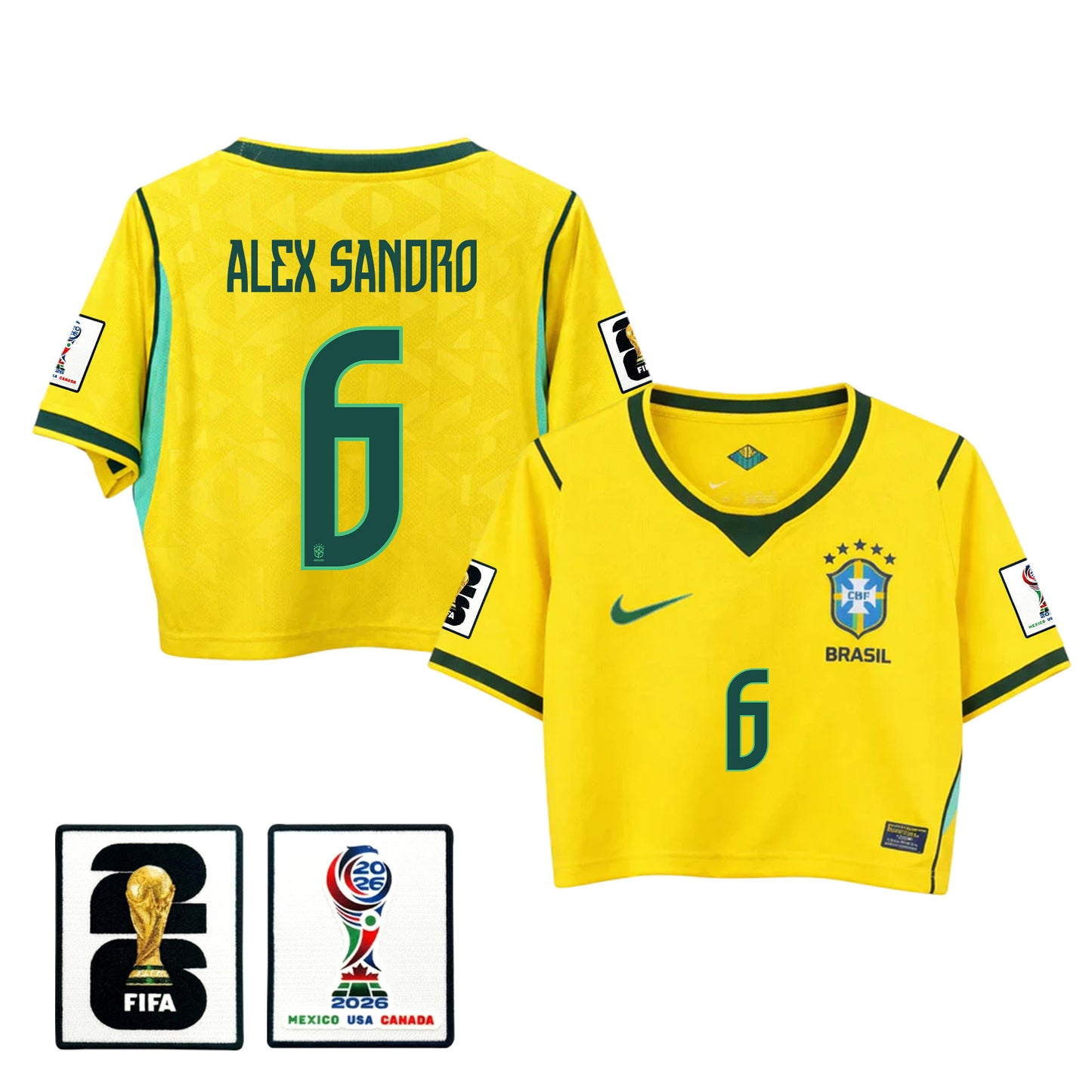 Alex Sandro 6 Brazil 2026 Home Women's Cropped Jersey - Yellow