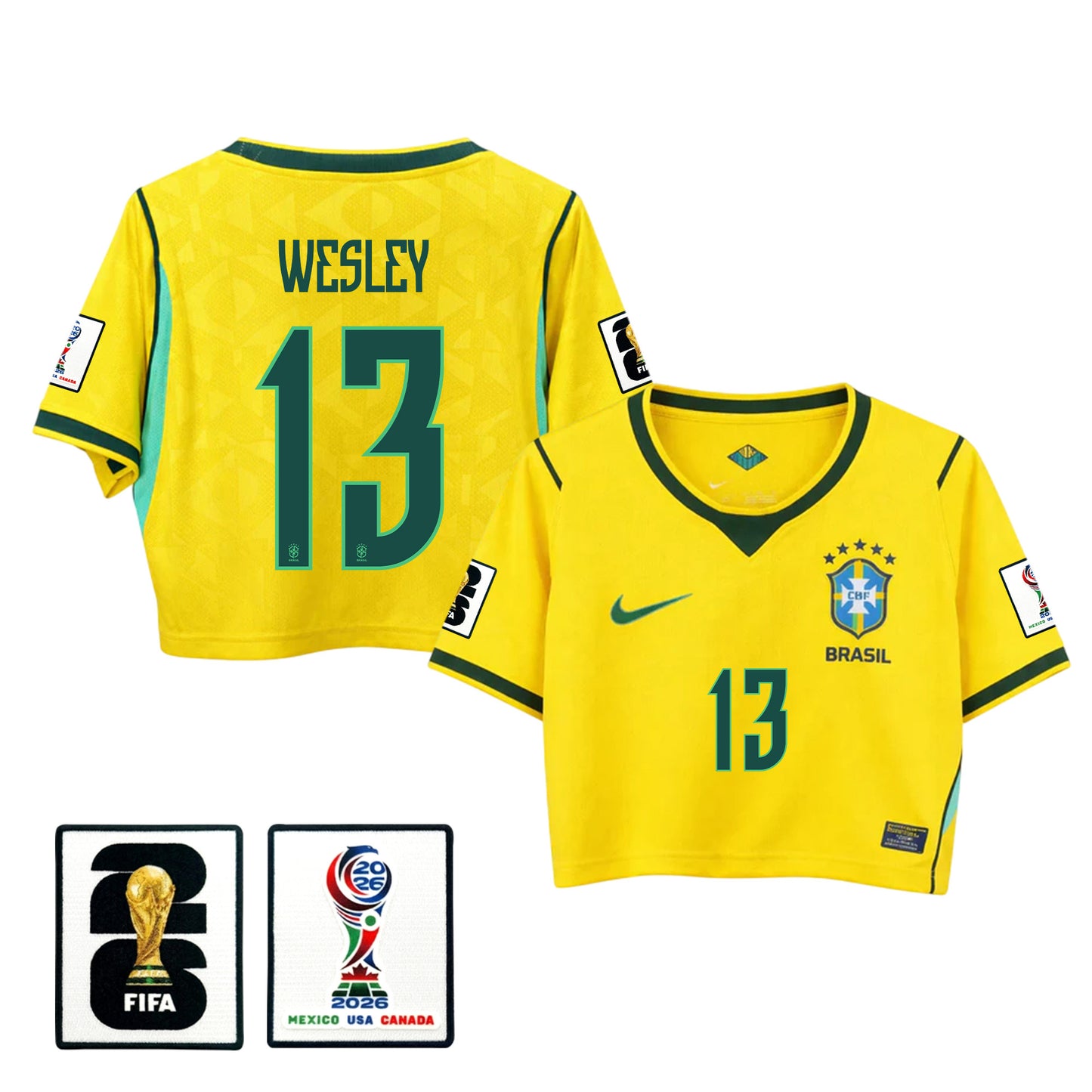 Wesley França 13 Brazil 2026 Home Women's Cropped Jersey - Yellow