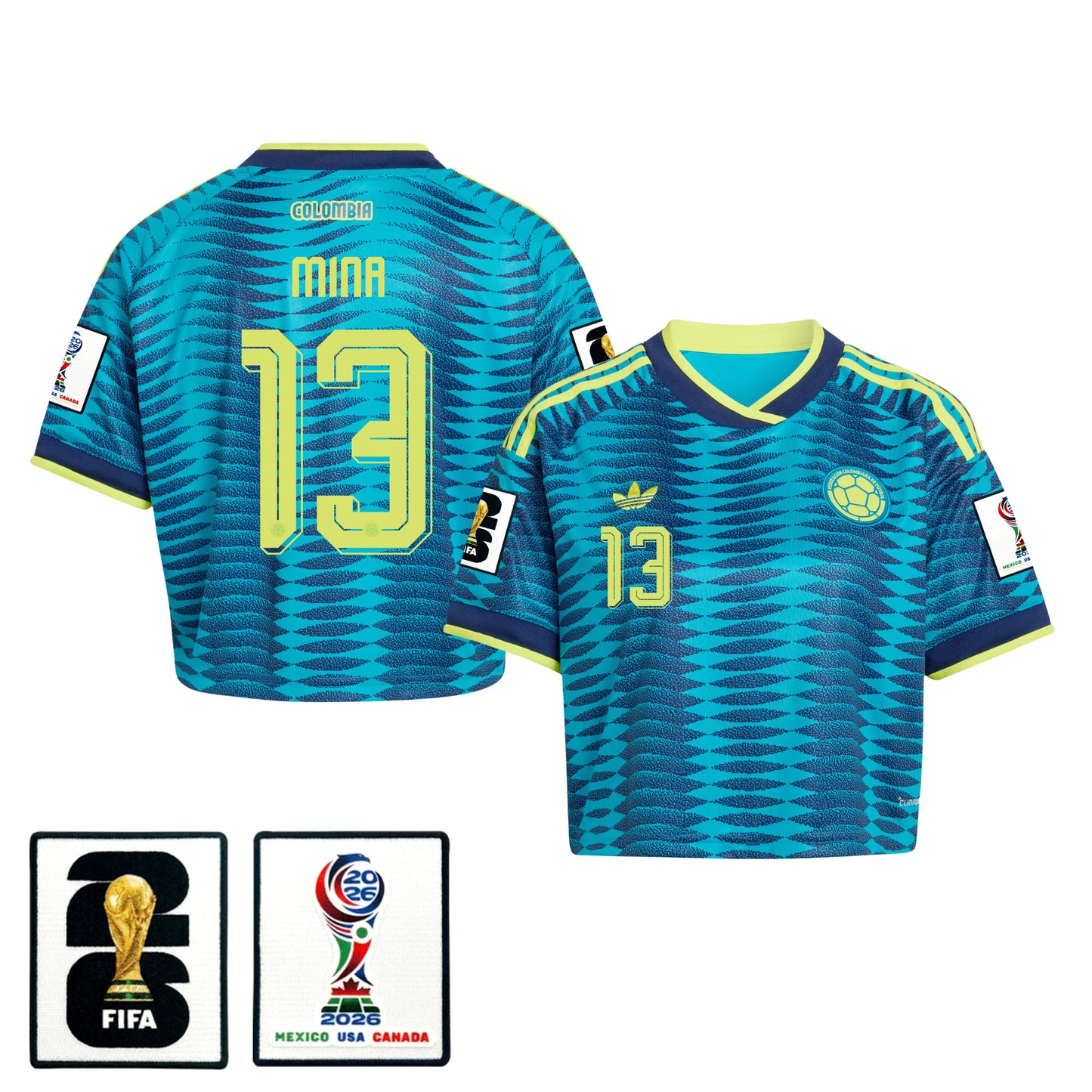 Yerry Mina 13 Colombia 2026 Away Women's Cropped Jersey - Turquoise