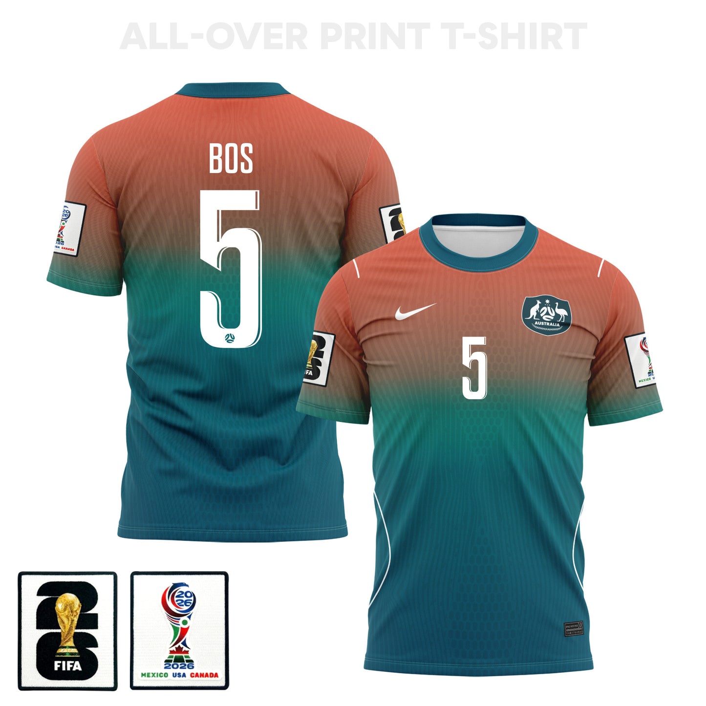 Jordan Bos 5 Australia 2026 Away 3D T-Shirt Fully Printed – Unisex, Teal