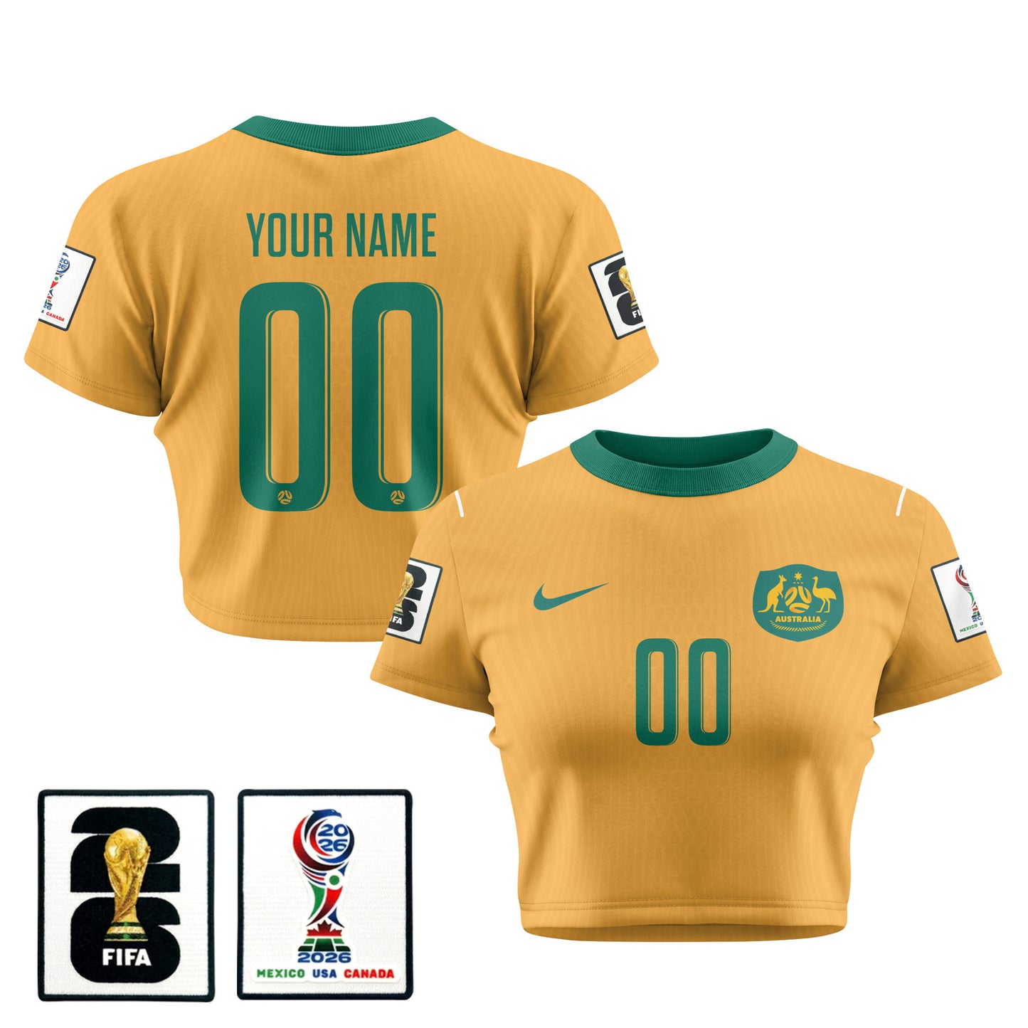 Australia 2026 Women's Home All-Over Print Cropped Jersey - Personalized - Yellow