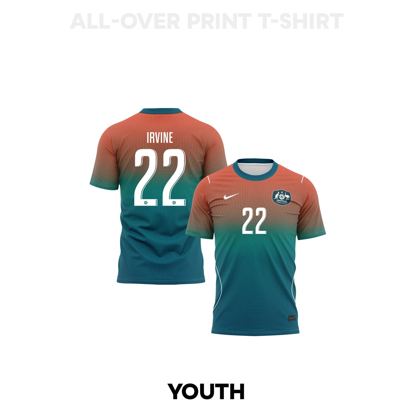 Jackson Irvine 22 Youth Australia 2026 Away 3D T-shirt Fully Printed – Teal