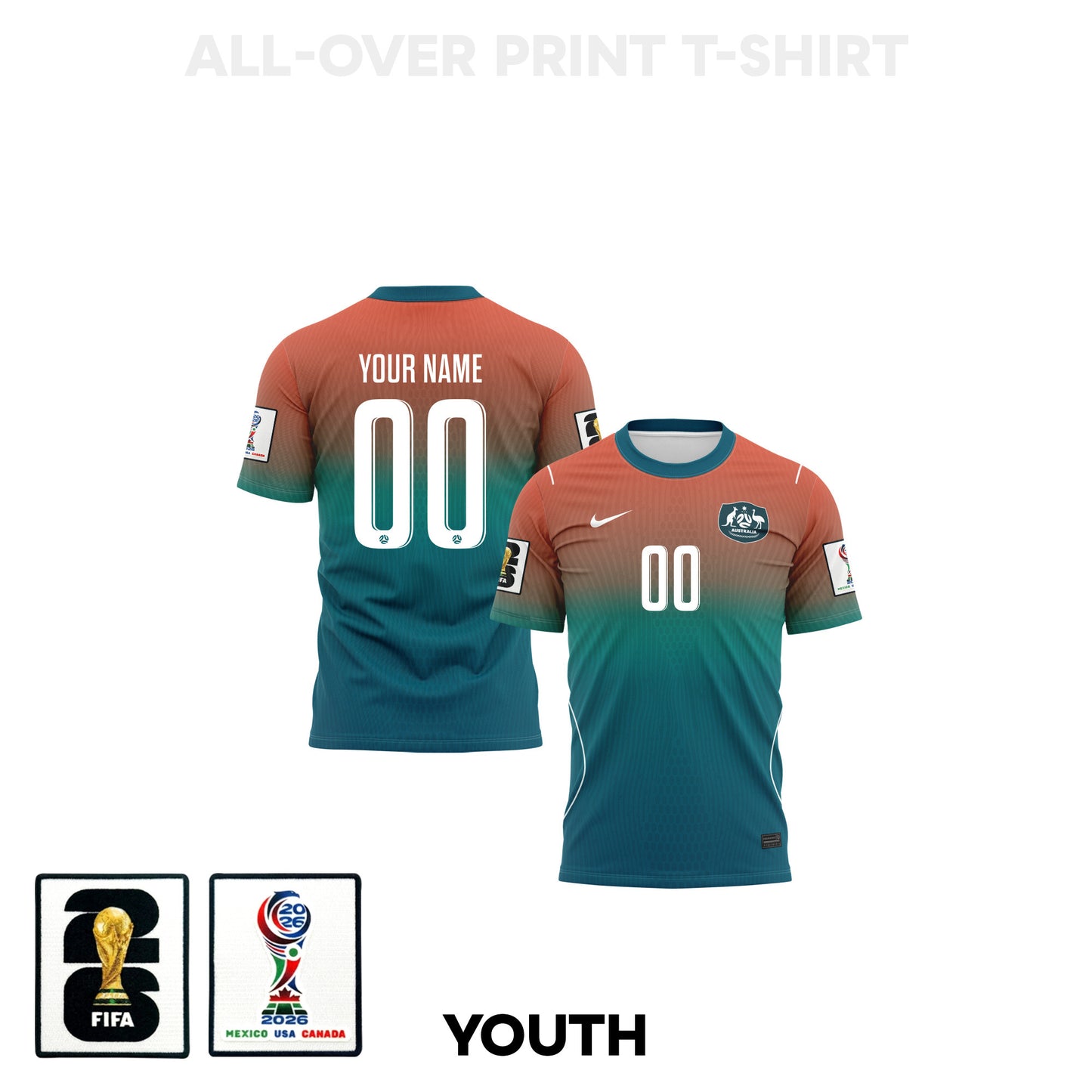 Australia 2026 Youth Away 3D T-shirt Fully Printed – Teal