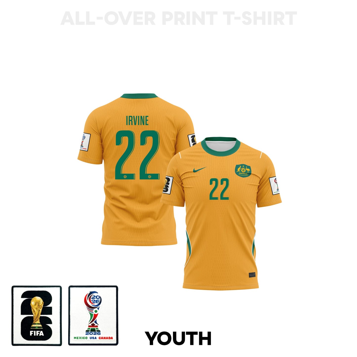 Jackson Irvine 22 Youth Australia 2026 Home 3D T-shirt Fully Printed – Yellow