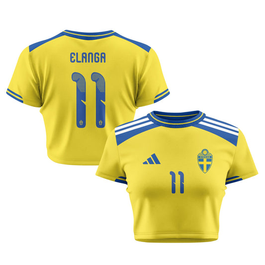 Anthony Elanga 11 Sweden 2026 Women's Home All-Over Print Cropped Jersey - Yellow