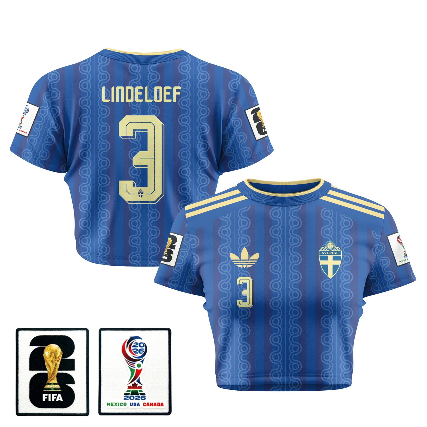 Victor Lindeloef 3 Sweden 2026 Women's Away All-Over Print Cropped Jersey - Blue