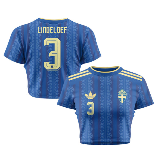 Victor Lindeloef 3 Sweden 2026 Women's Away All-Over Print Cropped Jersey - Blue