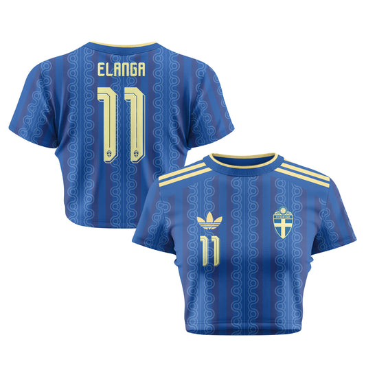 Anthony Elanga 11 Sweden 2026 Women's Away All-Over Print Cropped Jersey - Blue