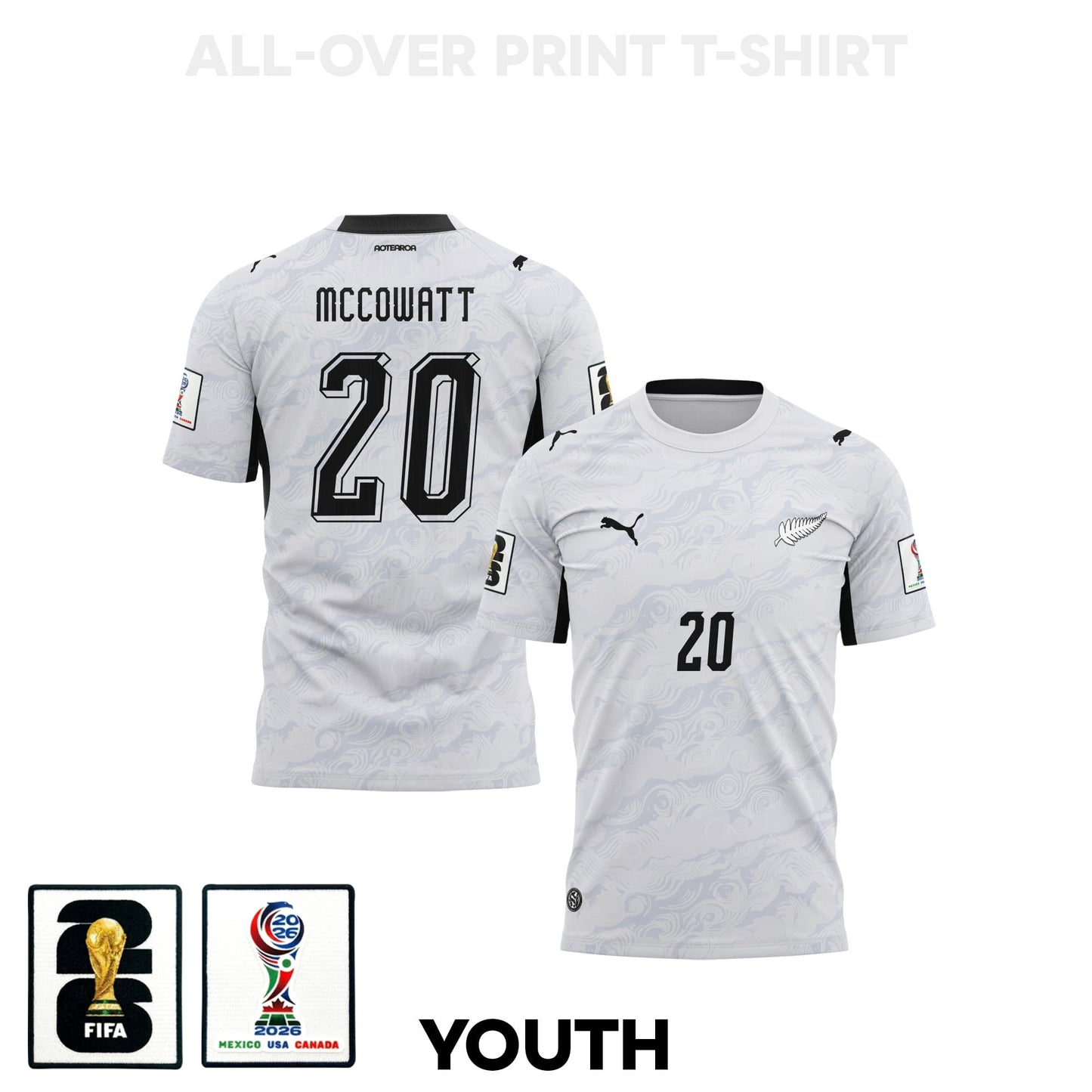 Callum McCowatt 20 Youth New Zealand 2026 Away 3D T-shirt Fully Printed – White