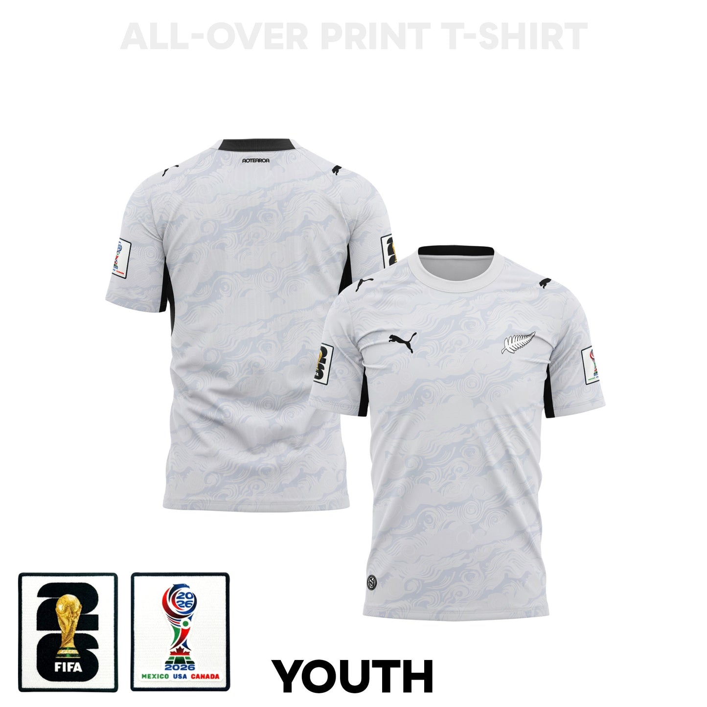 New Zealand 2026 Youth Away 3D T-shirt Fully Printed – White