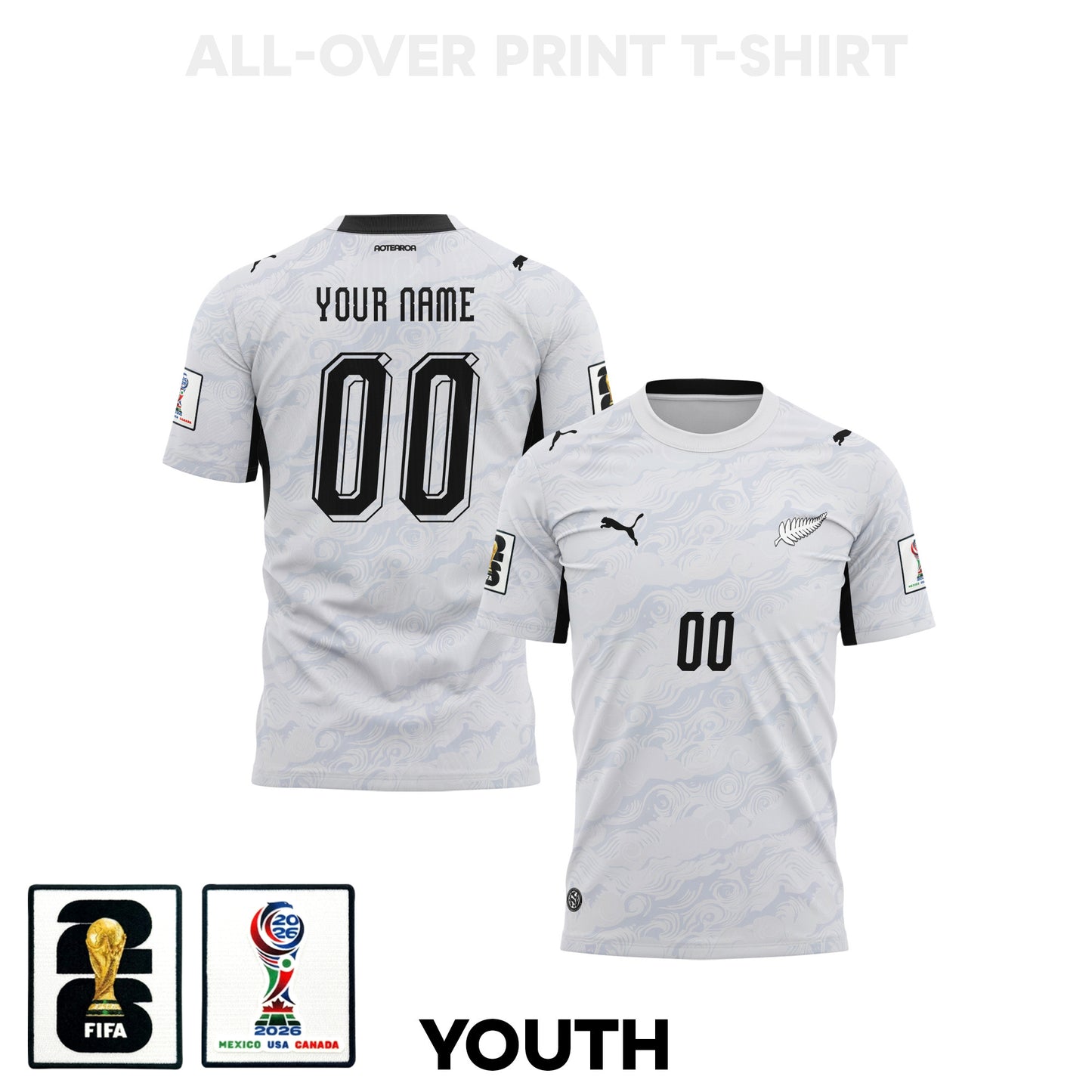 New Zealand 2026 Youth Away 3D T-shirt Fully Printed – Personalized – White