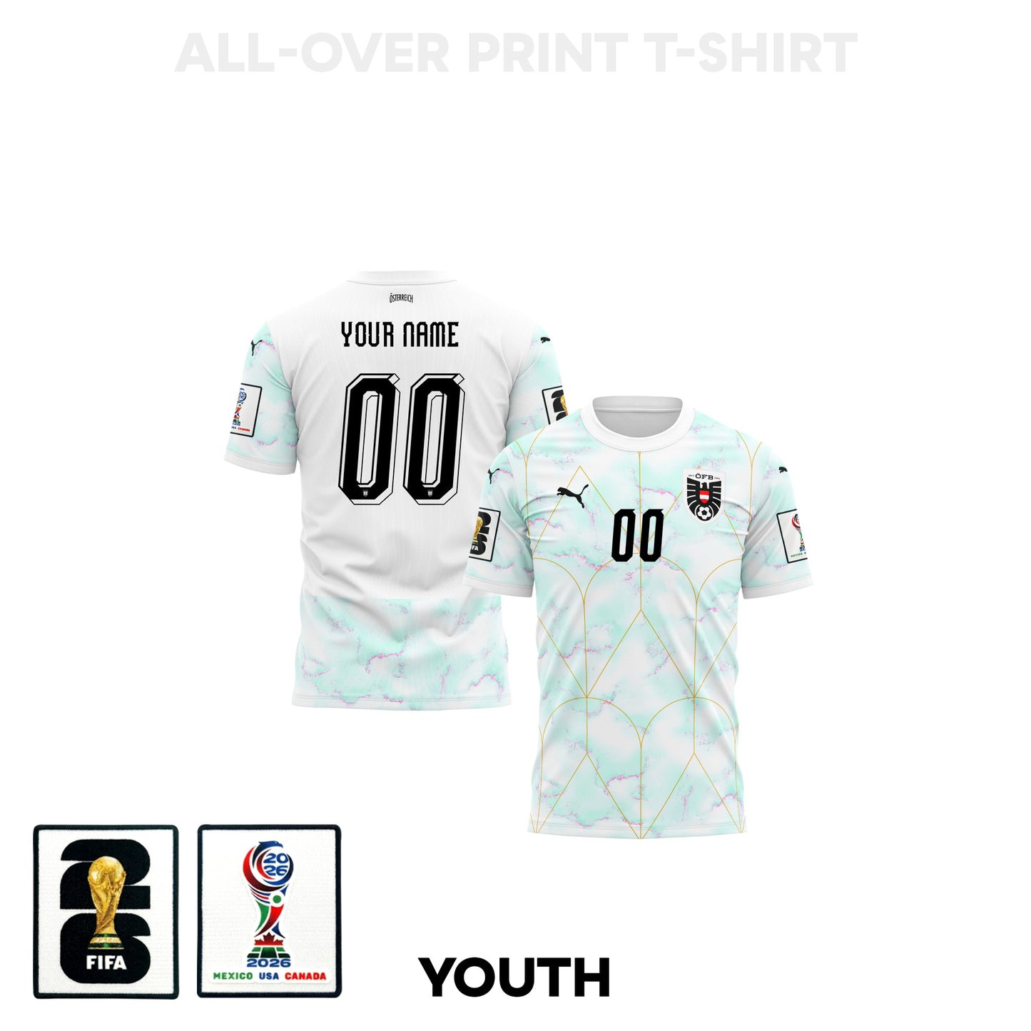 Austria 2026 Youth Away 3D T-shirt Fully Printed – Personalized – White