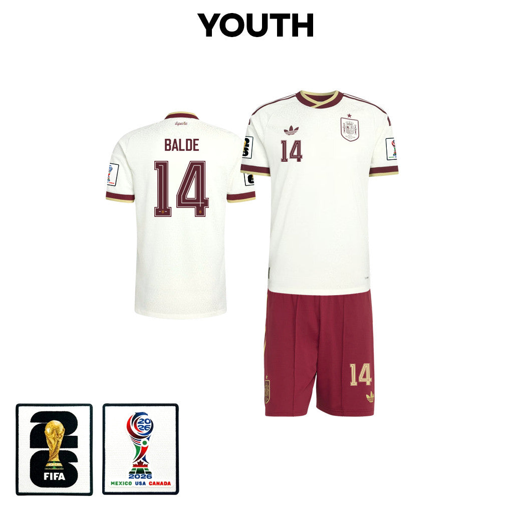 Alejandro Balde 14 Spain 2026 YOUTH Away Jersey & Shorts Set - White And Red