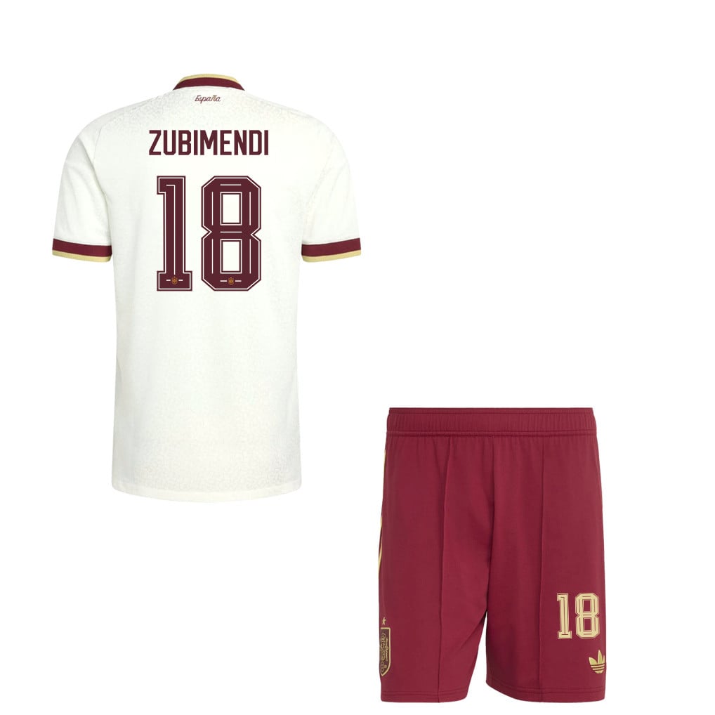 Martin Zubimendi 18 Spain 2026 YOUTH Away Jersey & Shorts Set - White And Red