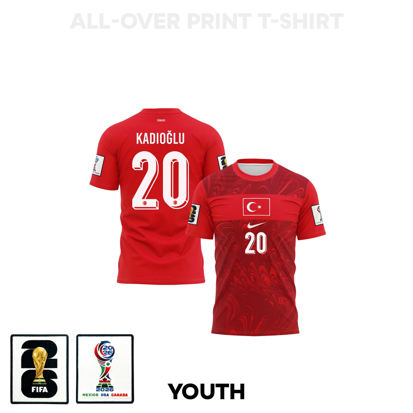 Ferdi Kadioglu 20 Youth Turkey 2026 Home 3D T-shirt Fully Printed – Red