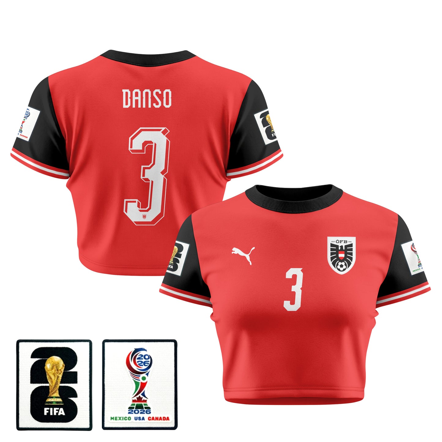 Kevin Danso 3 Austria 2026 Women's Home All-Over Print Cropped Jersey - Red