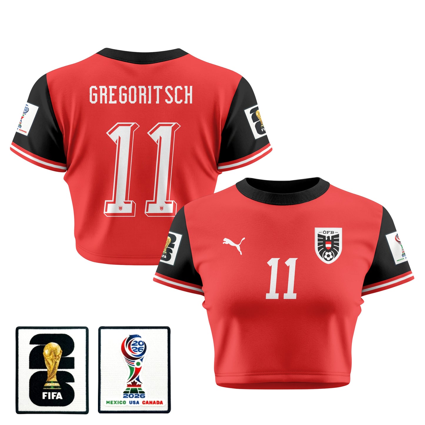 Michael Gregoritsch 11 Austria 2026 Women's Home All-Over Print Cropped Jersey - Red