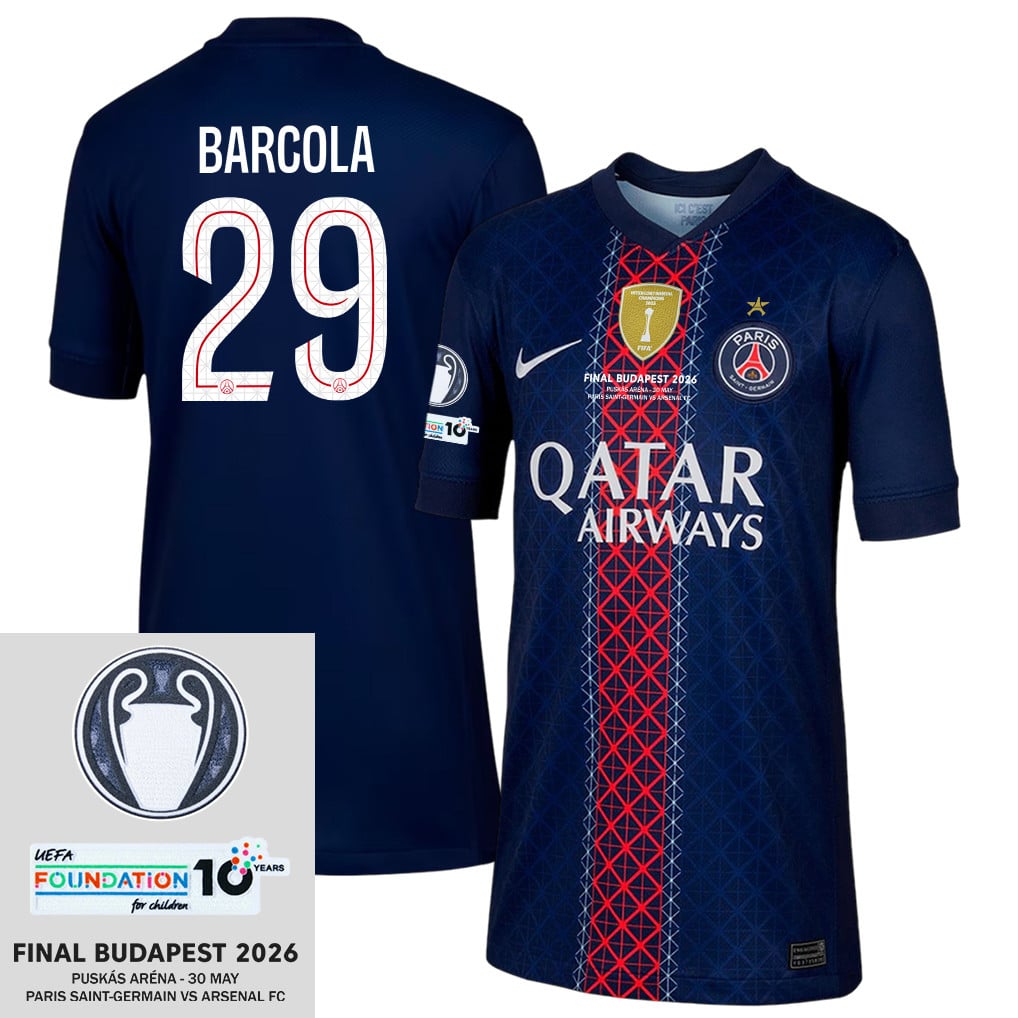 Bradley Barcola 29 Paris Saint-Germain 2025/26 Final Match Detail Home Jersey – YOUTH, Navy