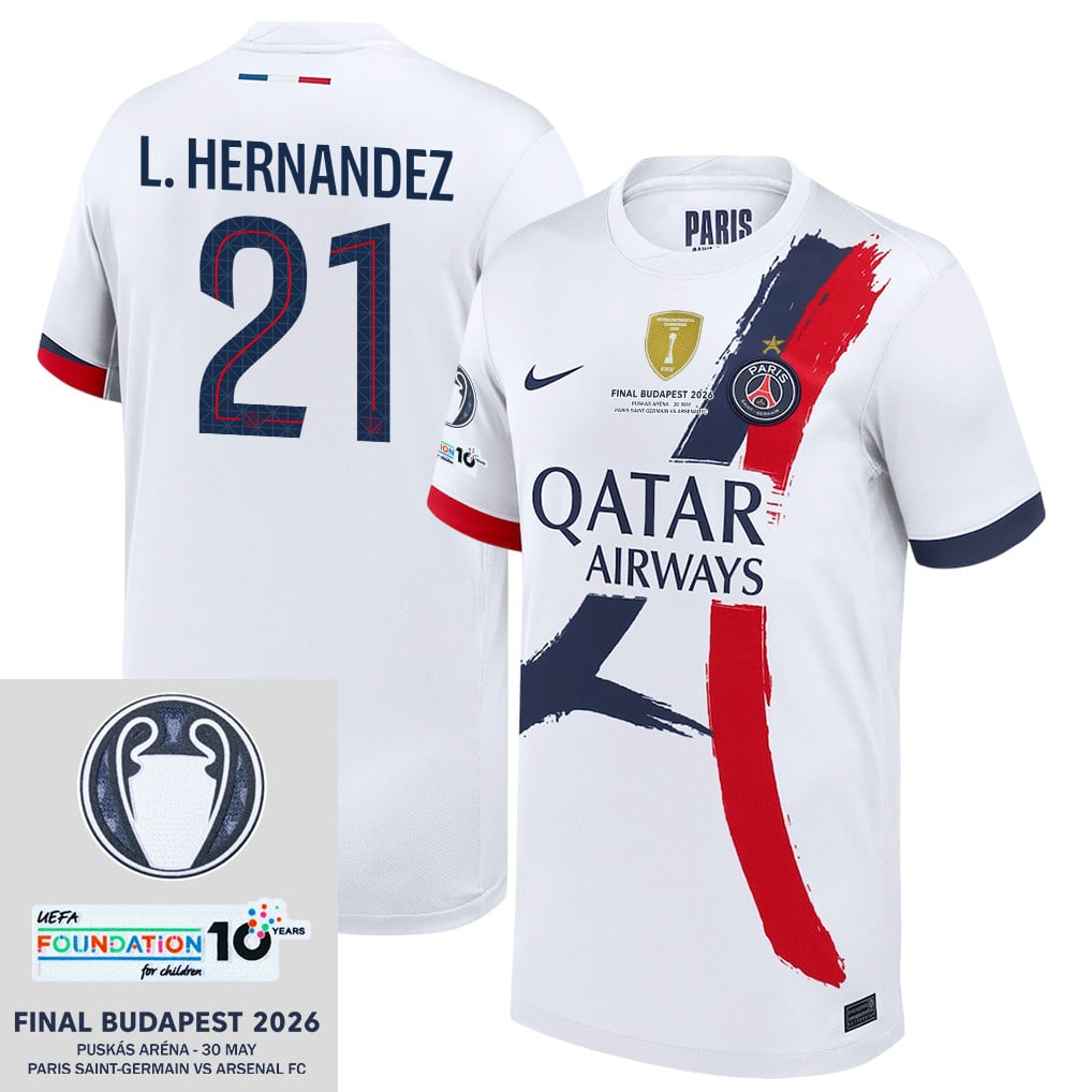 Lucas Hernández 21 Paris Saint-Germain 2025/26 Final Match Detail Away Jersey – YOUTH, White