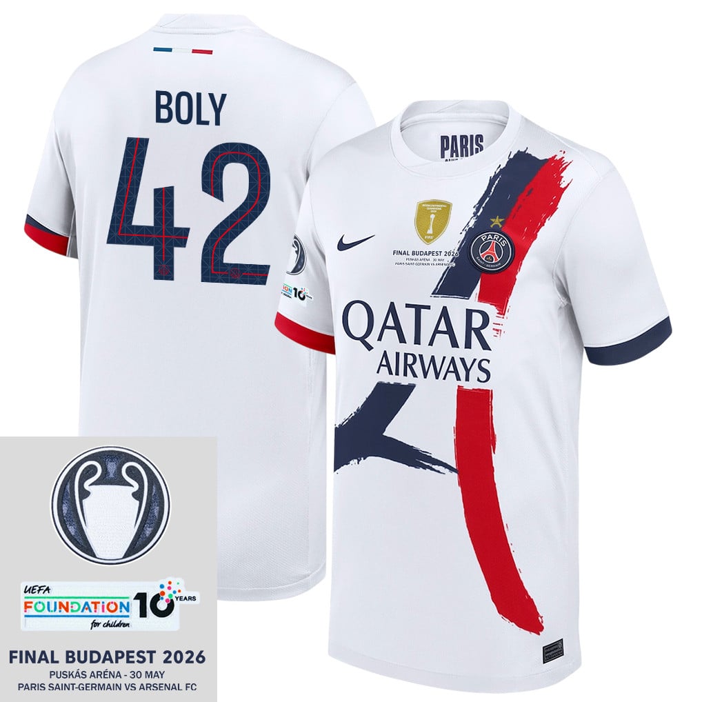 David Boly 42 Paris Saint-Germain 2025/26 Final Match Detail Away Jersey – YOUTH, White