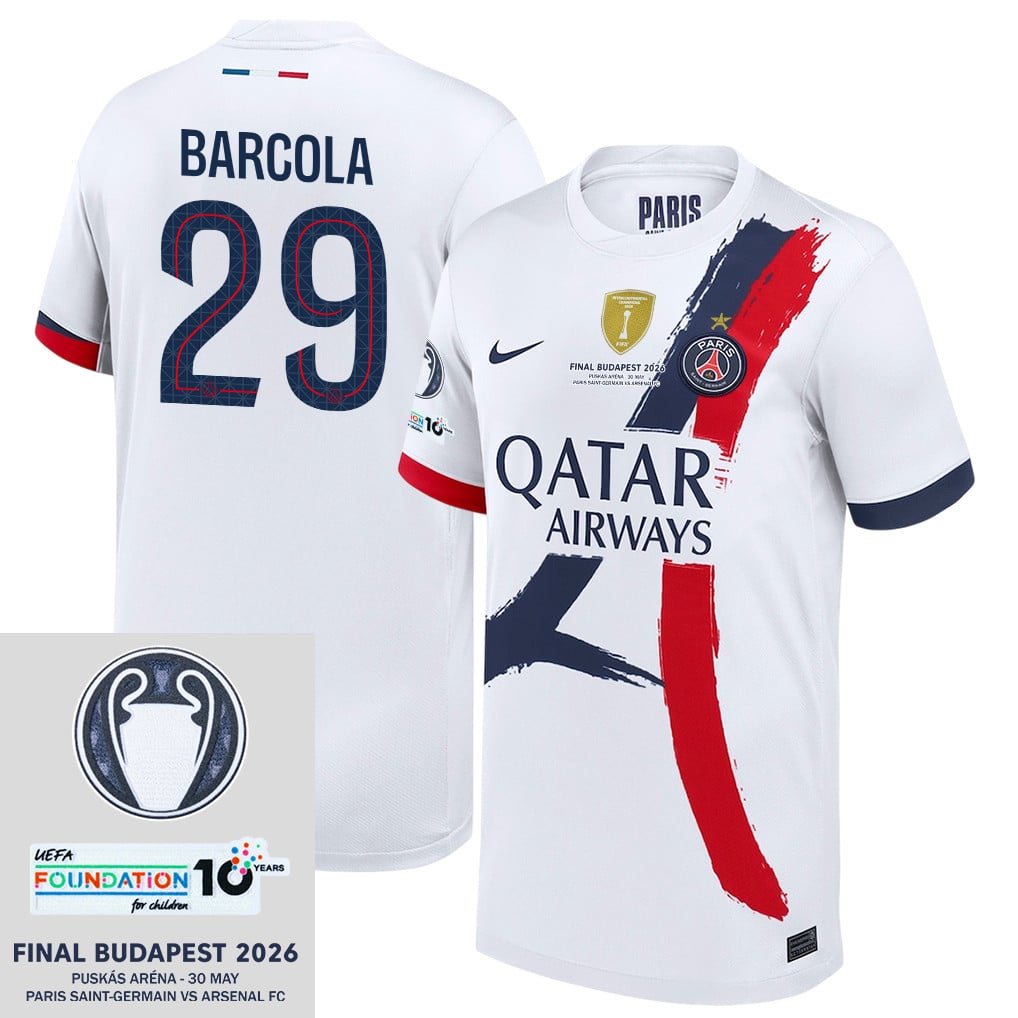 Bradley Barcola 29 Paris Saint-Germain 2025/26 Final Match Detail Away Jersey – YOUTH, White