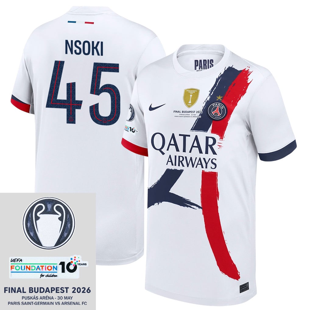 Noah Nsoki 45 Paris Saint-Germain 2025/26 Final Match Detail Away Jersey – YOUTH, White