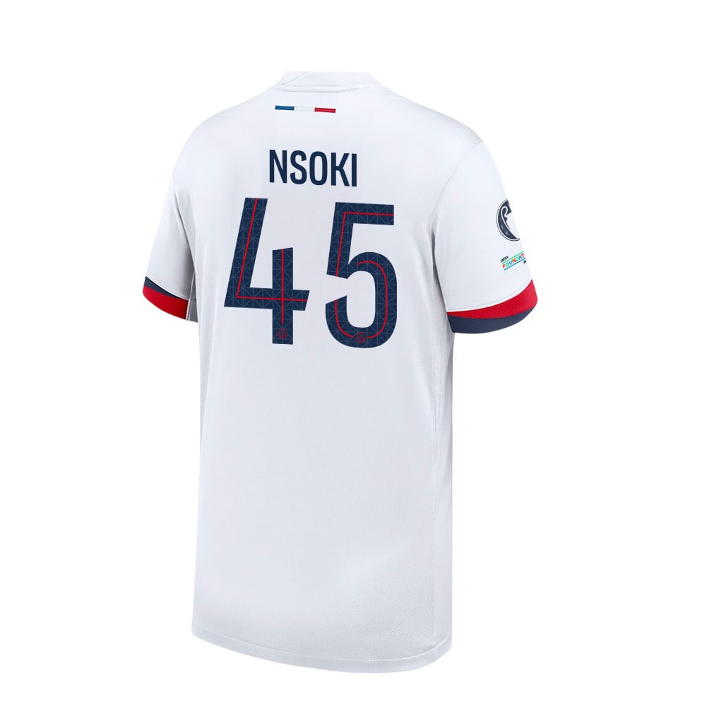 Noah Nsoki 45 Paris Saint-Germain 2025/26 Final Match Detail Away Jersey – YOUTH, White