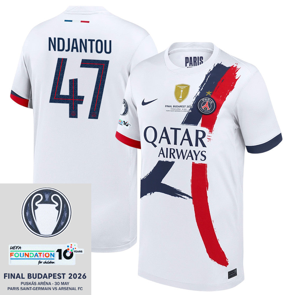 Quentin Ndjantou 47 Paris Saint-Germain 2025/26 Final Match Detail Away Jersey – YOUTH, White