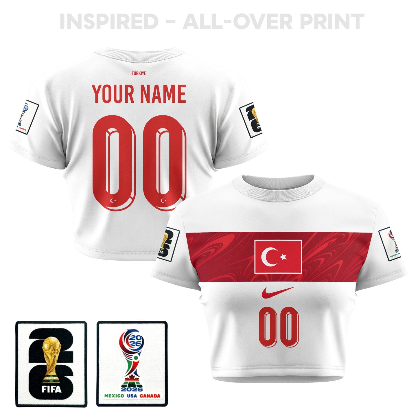Turkey 2026 Women's Away Personalized All-Over Print Cropped Jersey - White