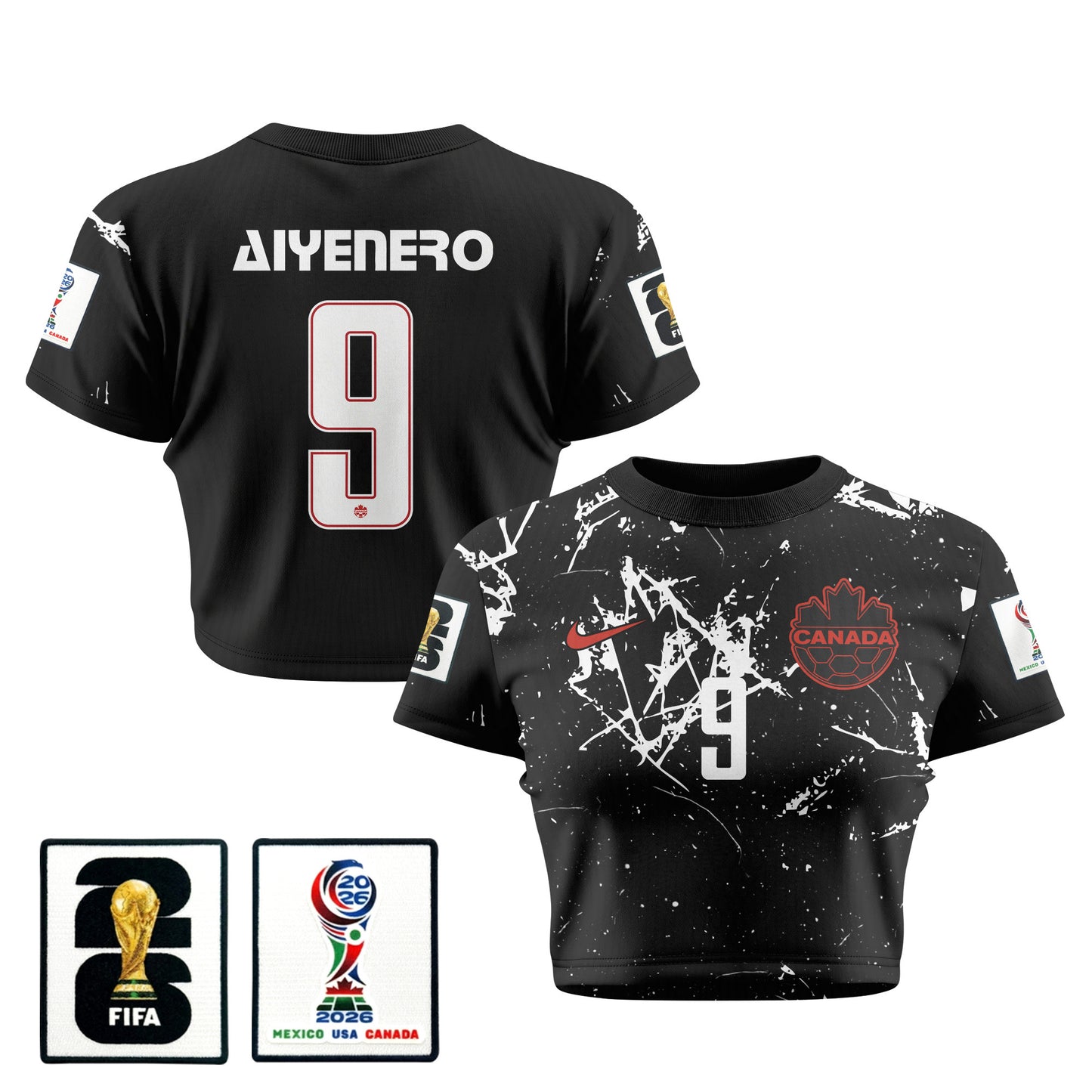 Marius Aiyenero 9 Canada 2026 Women's Away All-Over Print Cropped Jersey - Black