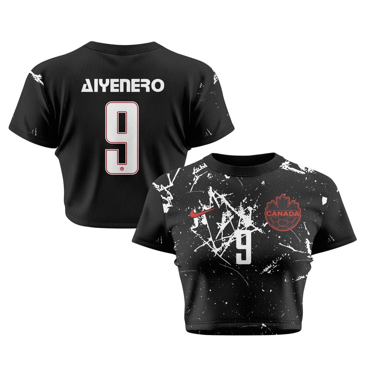 Marius Aiyenero 9 Canada 2026 Women's Away All-Over Print Cropped Jersey - Black