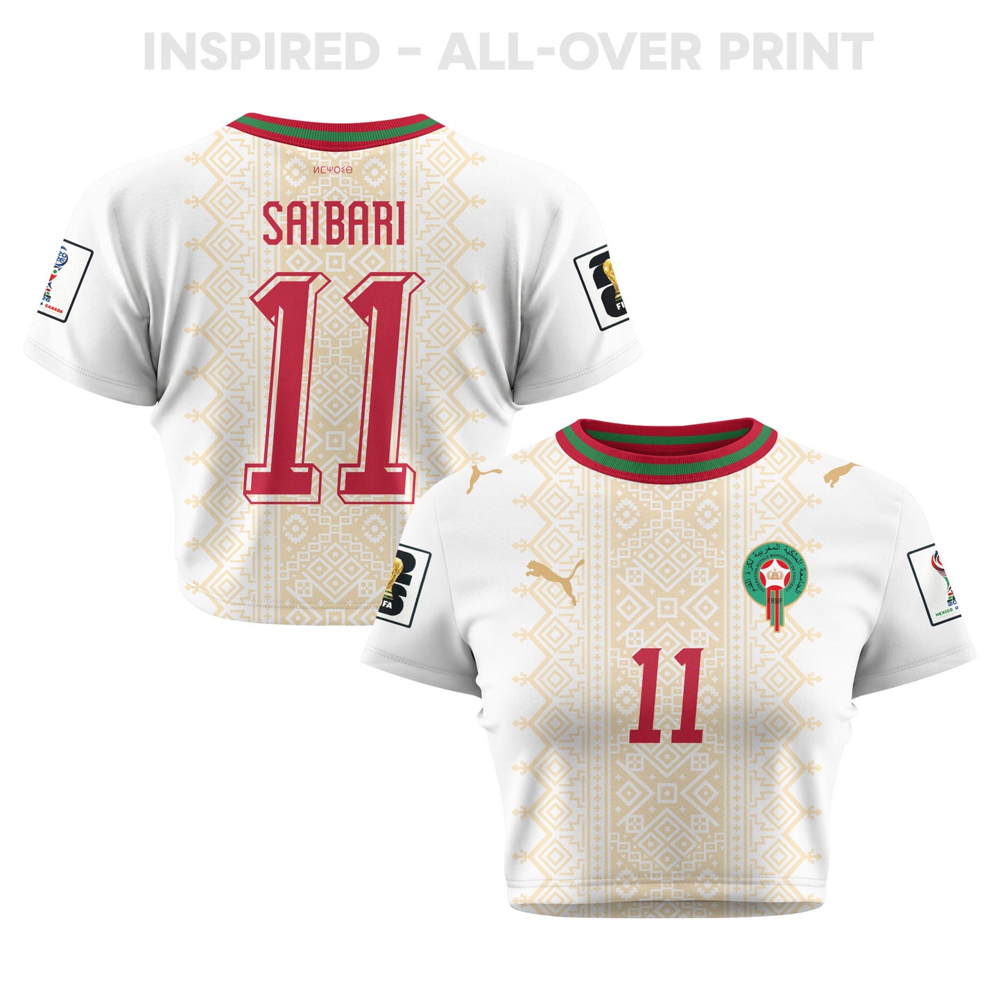 Ismael Saibari 11 Morocco 2026 Women's Away All-Over Print Cropped Jersey - White