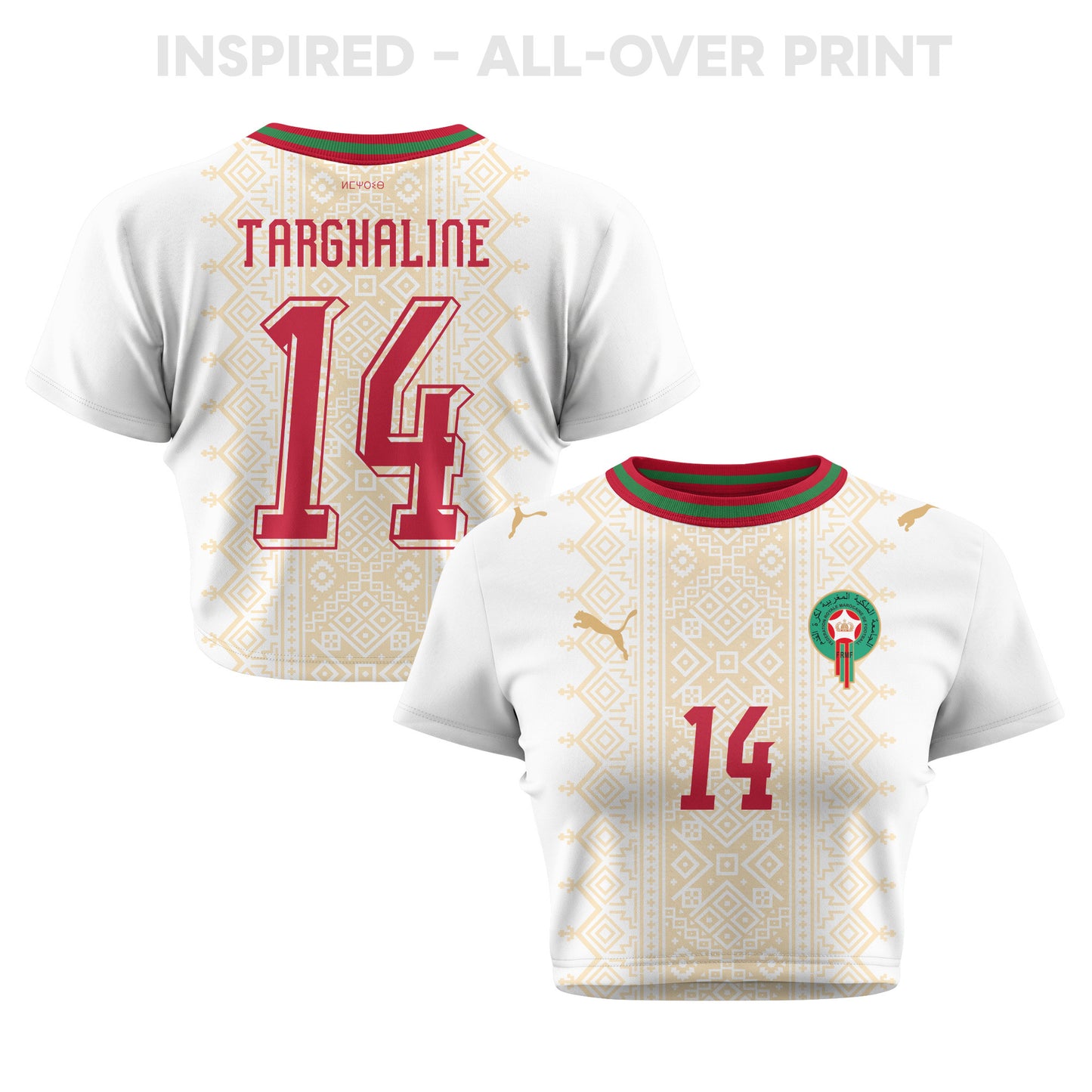 Oussama Targhaline 14 Morocco 2026 Women's Away All-Over Print Cropped Jersey - White